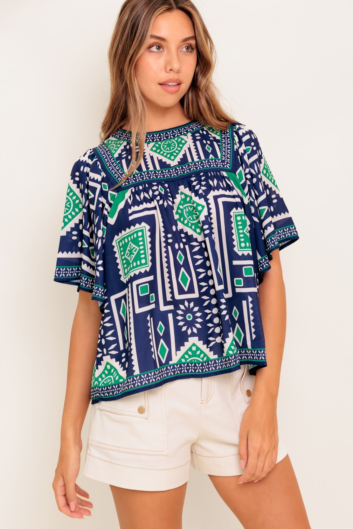 TILE ESCAPE EMBROIDERED WOVEN TOP Flying Tomato